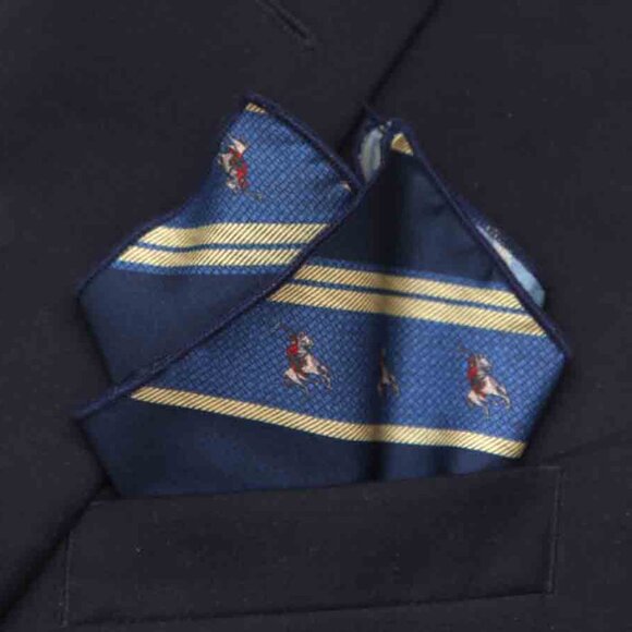 Gascoigne Pocket Square Repp Stripe + Polo Player Pattern Blue Gold Red Men's - Picture 2 of 4